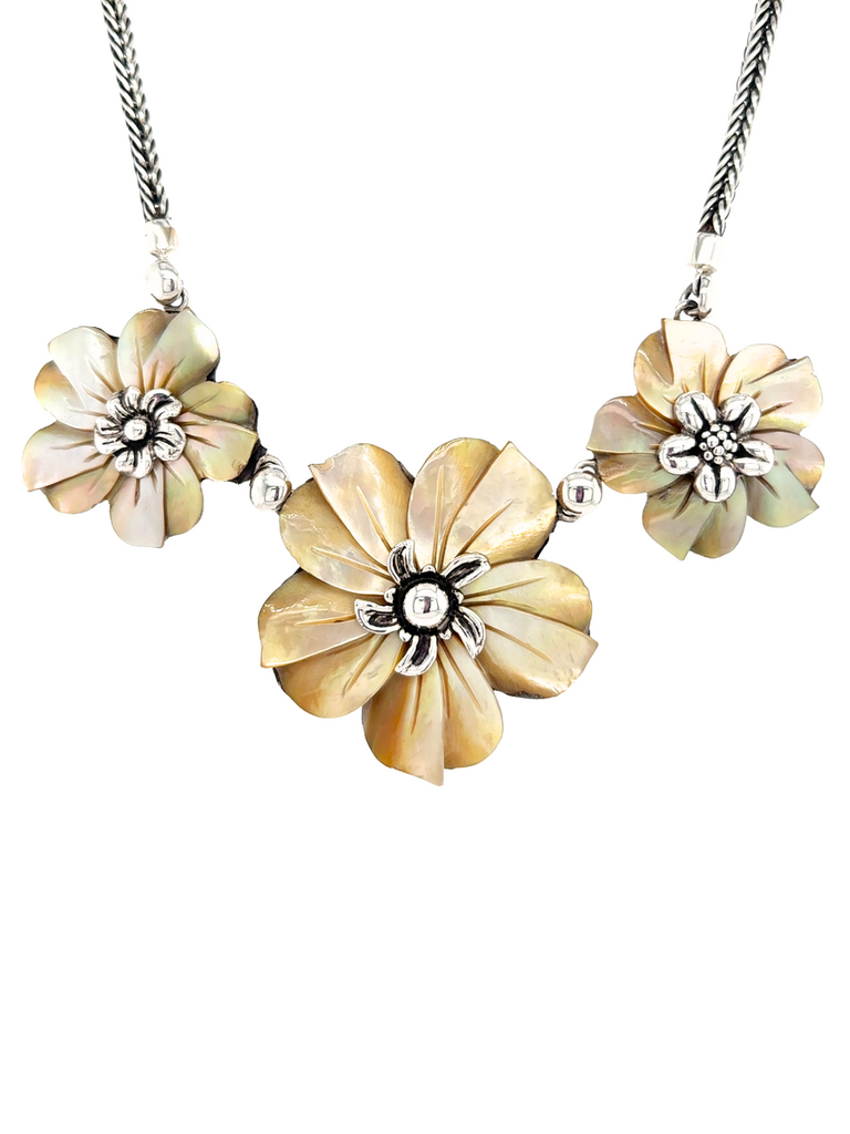Sterling Silver & Carved Mother-of-Pearl Flower Necklace - Qinti