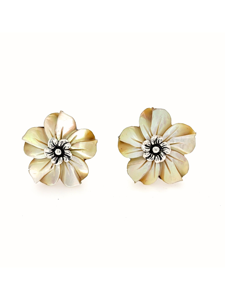 Handcrafted Sterling Silver & Golden Mother-of-Pearl Flower Earrings with French Clip - QINTI The Peruvian Shop
