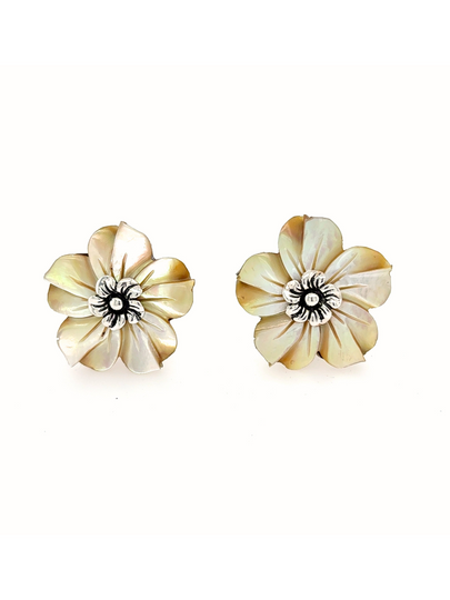 Handcrafted Sterling Silver & Golden Mother-of-Pearl Flower Earrings with French Clip - QINTI The Peruvian Shop