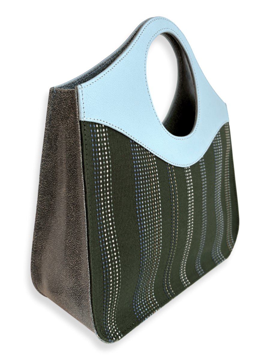 Kuskaya Handbag with Green base, and vertical stripes. powder blue pebbled leather Handle. One-of-a-kind Handbag from Qinti The Peruvian Shop.
