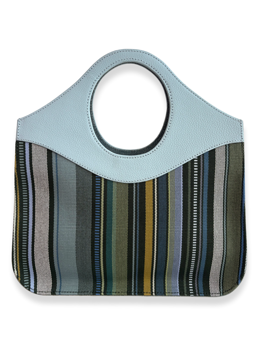 Kuskaya Handbag with Green base, and vertical stripes. powder blue pebbled leather Handle. One-of-a-kind Handbag from Qinti The Peruvian Shop.