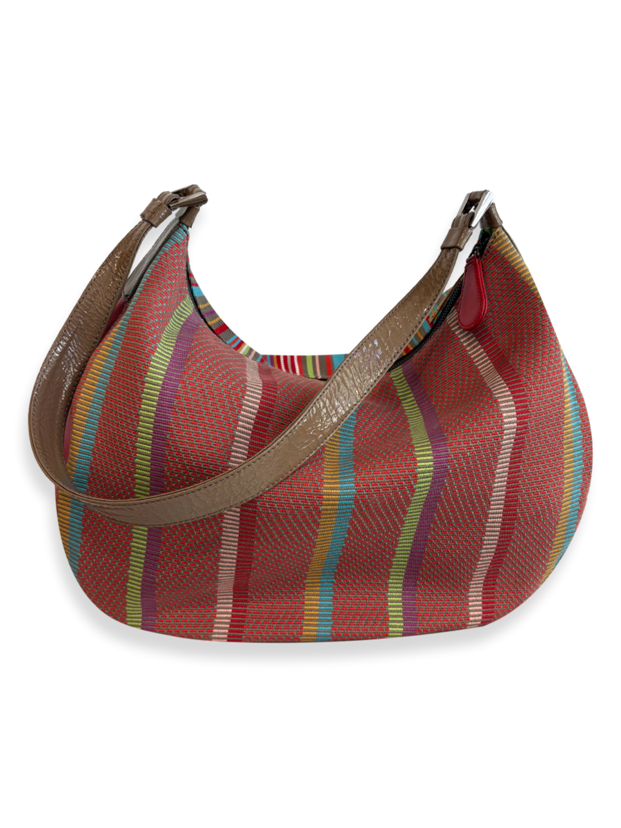 Artisan KUSKAYA handbag in Pima cotton and leather with multicolor striped weave and curved silhouette, wearable art piece