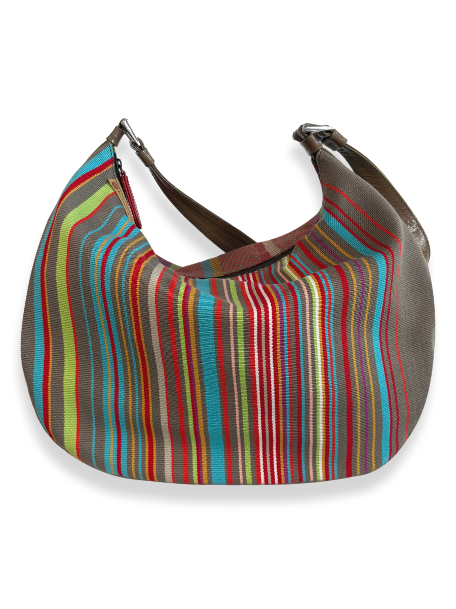 Handwoven KUSKAYA handbag in Pima cotton with multicolor striped textile and brown leather strap, medium shoulder bag, one-of-a-kind artisan piece