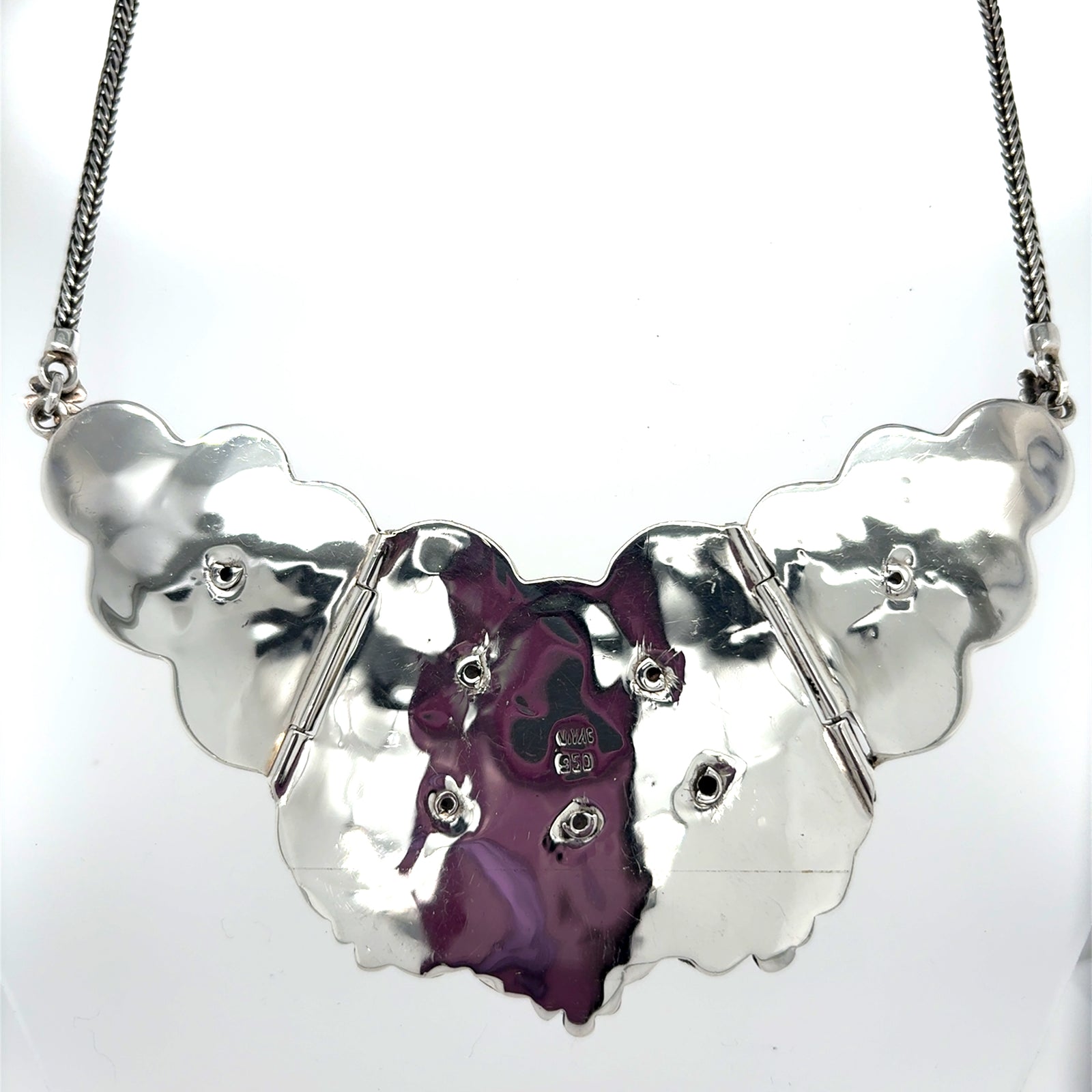 Multicolor freshwater pearl bib necklace in 950 sterling silver with solid back, featuring white, pink, peach, and dark pearls in an ornate floral cluster design  QINTI The Peruvian Shop