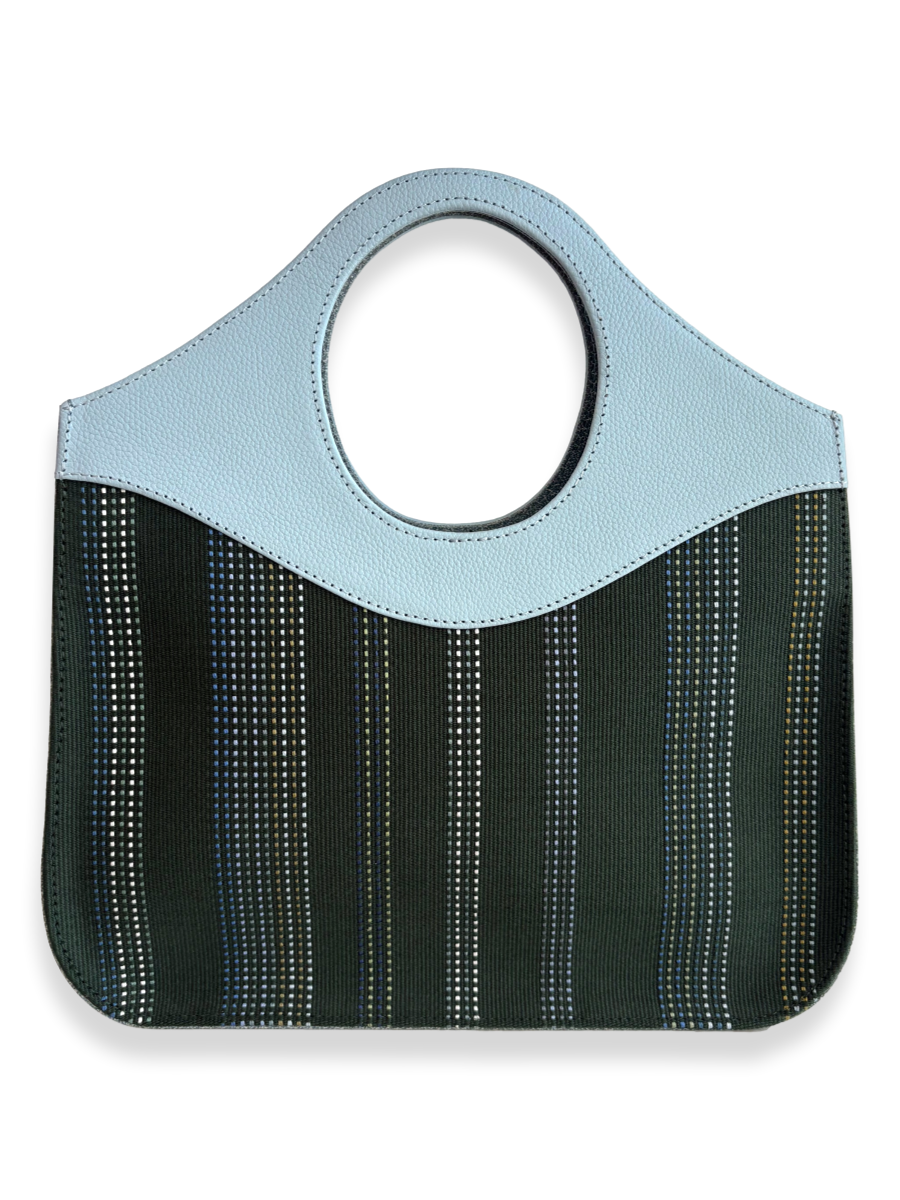 Kuskaya Handbag with Green base, and vertical stripes. powder blue pebbled leather Handle. One-of-a-kind Handbag from Qinti The Peruvian Shop.