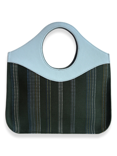 Kuskaya Handbag with Green base, and vertical stripes. powder blue pebbled leather Handle. One-of-a-kind Handbag from Qinti The Peruvian Shop.