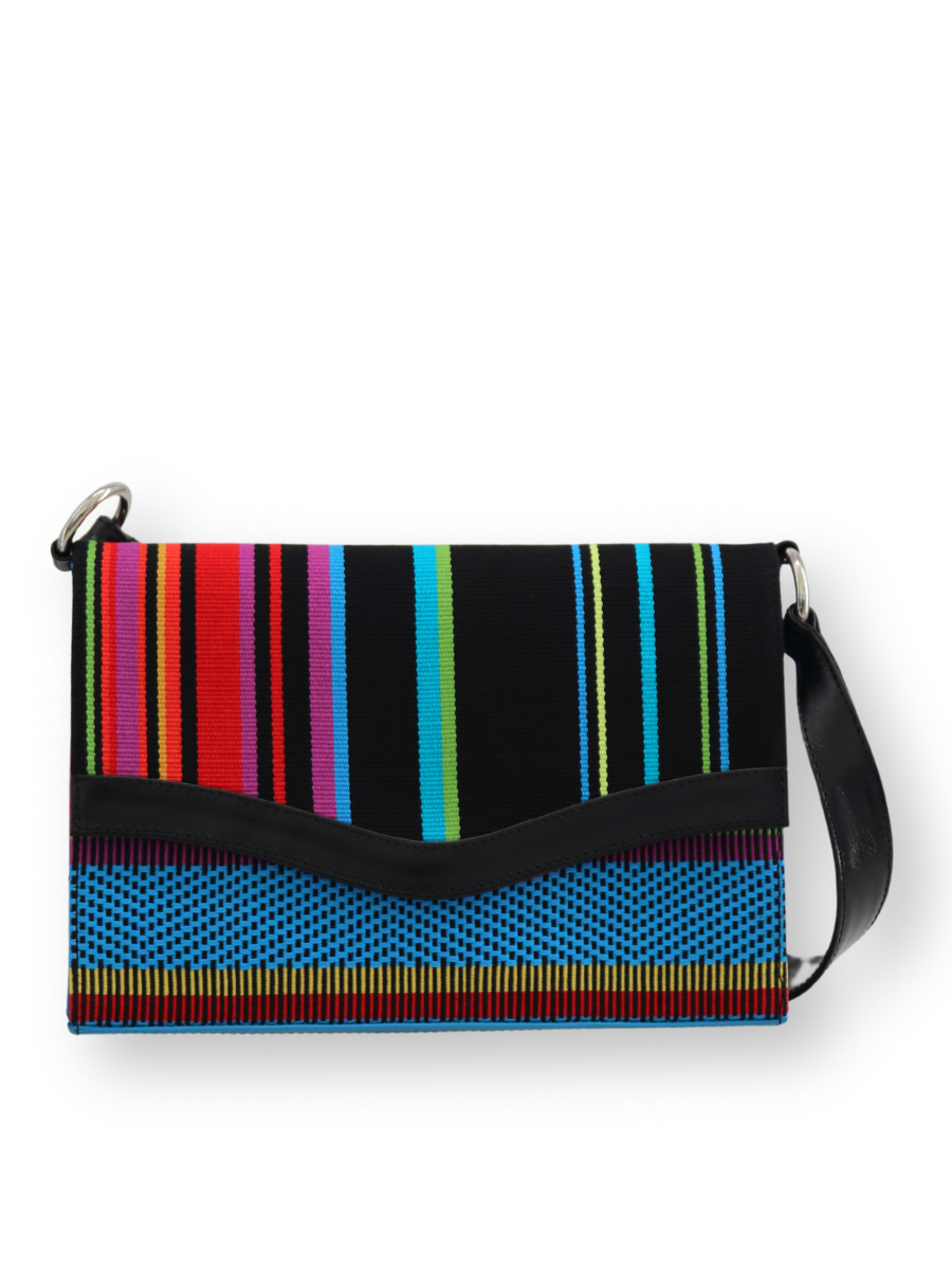 Handwoven Handbag with Leather Black Blue - QINTI The Peruvian Shop