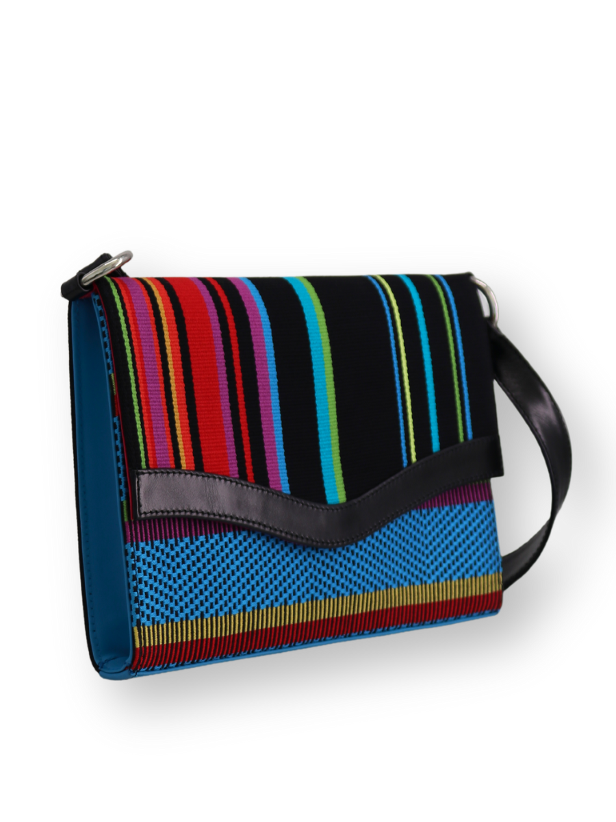 Handwoven Handbag with Leather Black Blue - QINTI The Peruvian Shop