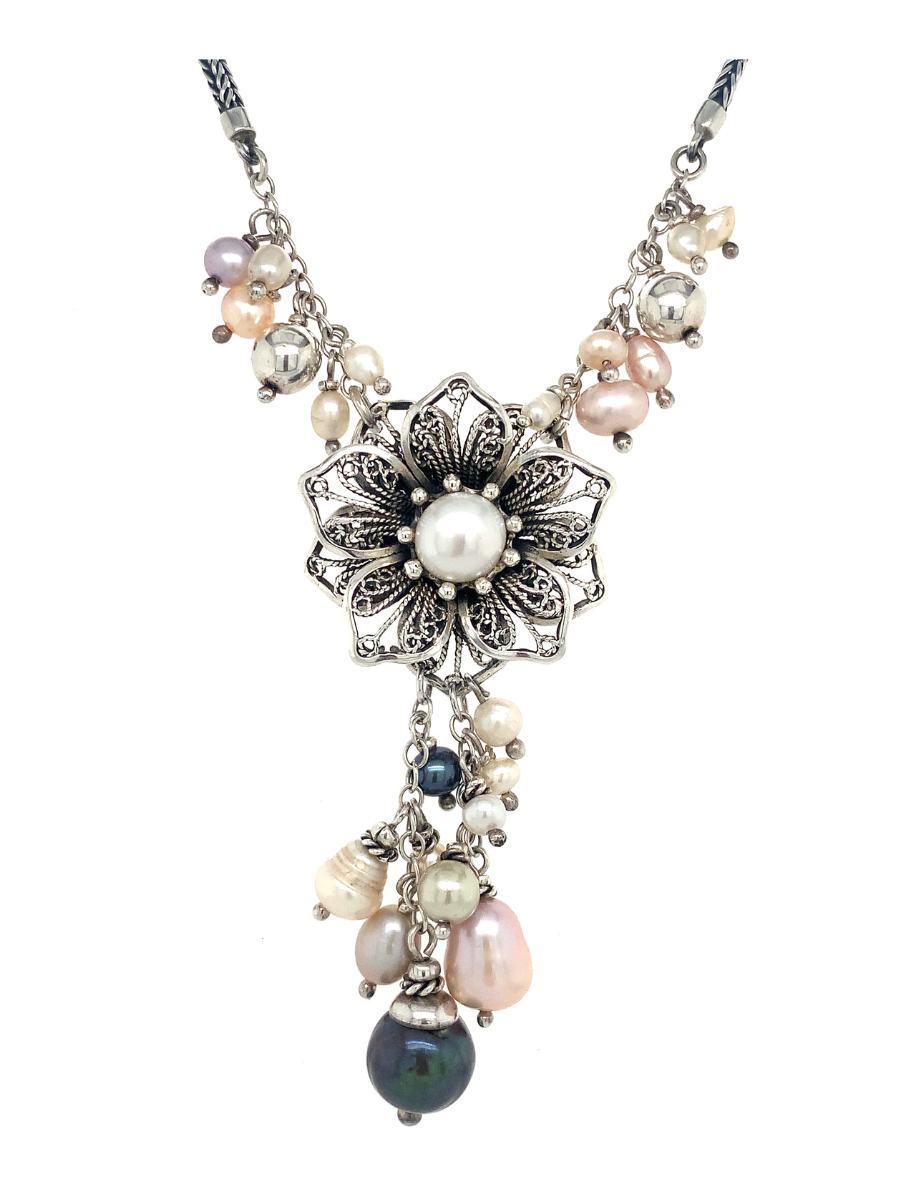 Sterling Silver Filigree Flower &amp; Freshwater Pearl Necklace - QINTI The Peruvian Shop 