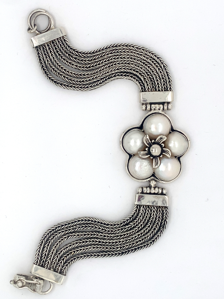 Sterling Silver &amp; Freshwater Baroque Pearl Flower Bracelet