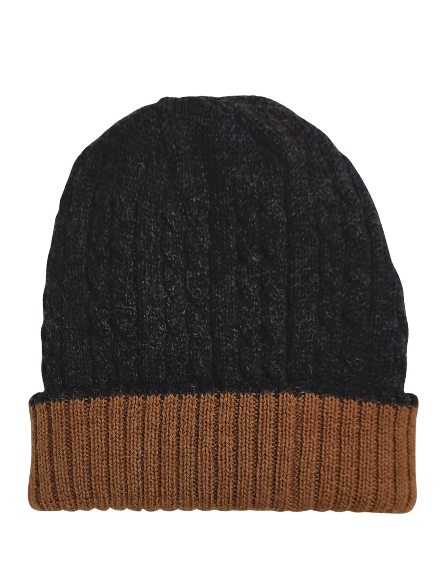 Reversible Baby Alpaca Beanie Hat - Camel & Charcoal - Qinti - The Peruvian Shop