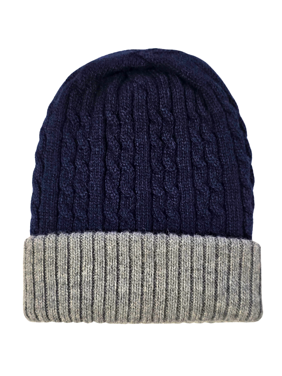 Reversible Baby Alpaca Beanie Hat - Navy & Silver Grey - Qinti - The Peruvian Shop