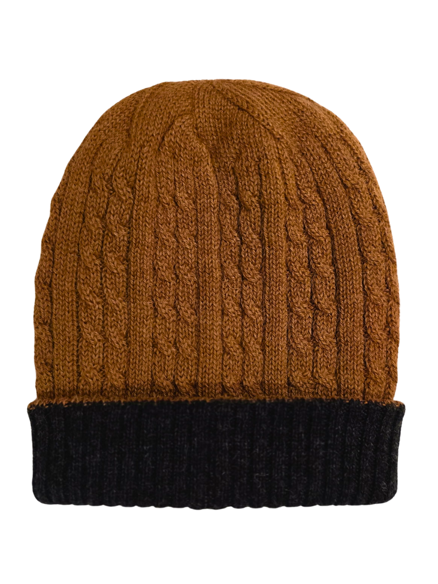 Reversible Baby Alpaca Beanie Hat - Camel & Charcoal - Qinti - The Peruvian Shop