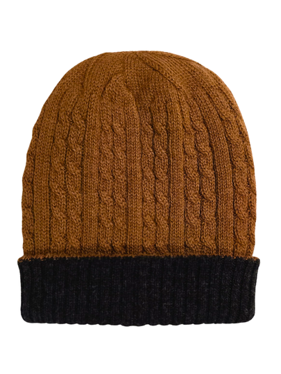 Reversible Baby Alpaca Beanie Hat - Camel & Charcoal - Qinti - The Peruvian Shop