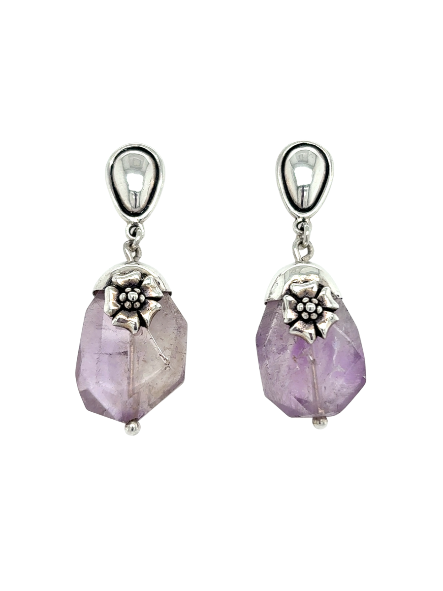 Handcrafted Sterling Silver & Rough Amethyst Dangling Earrings - QINTI  The Peruvian Shop