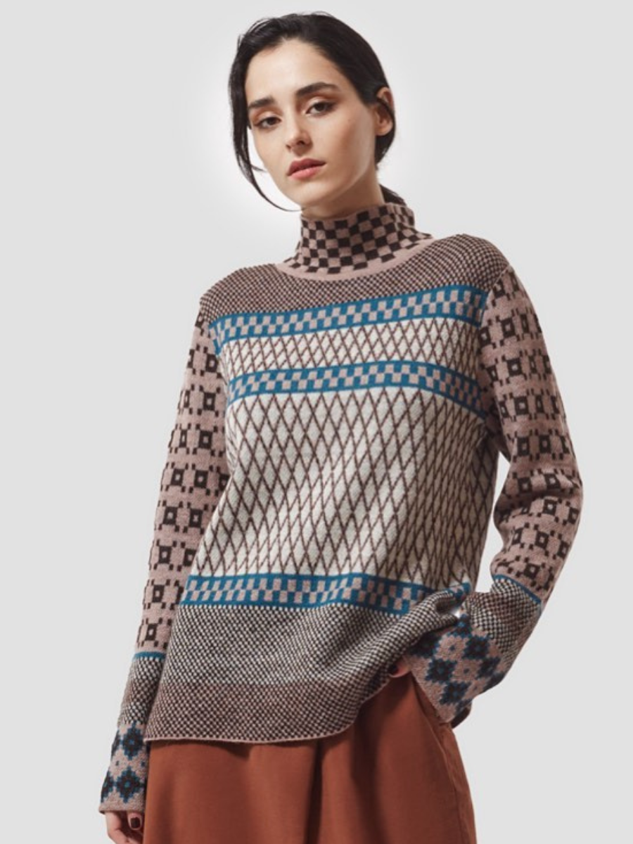 Royal Alpaca Geometric Sweater with high collar - QINTI The Peruvian Shop