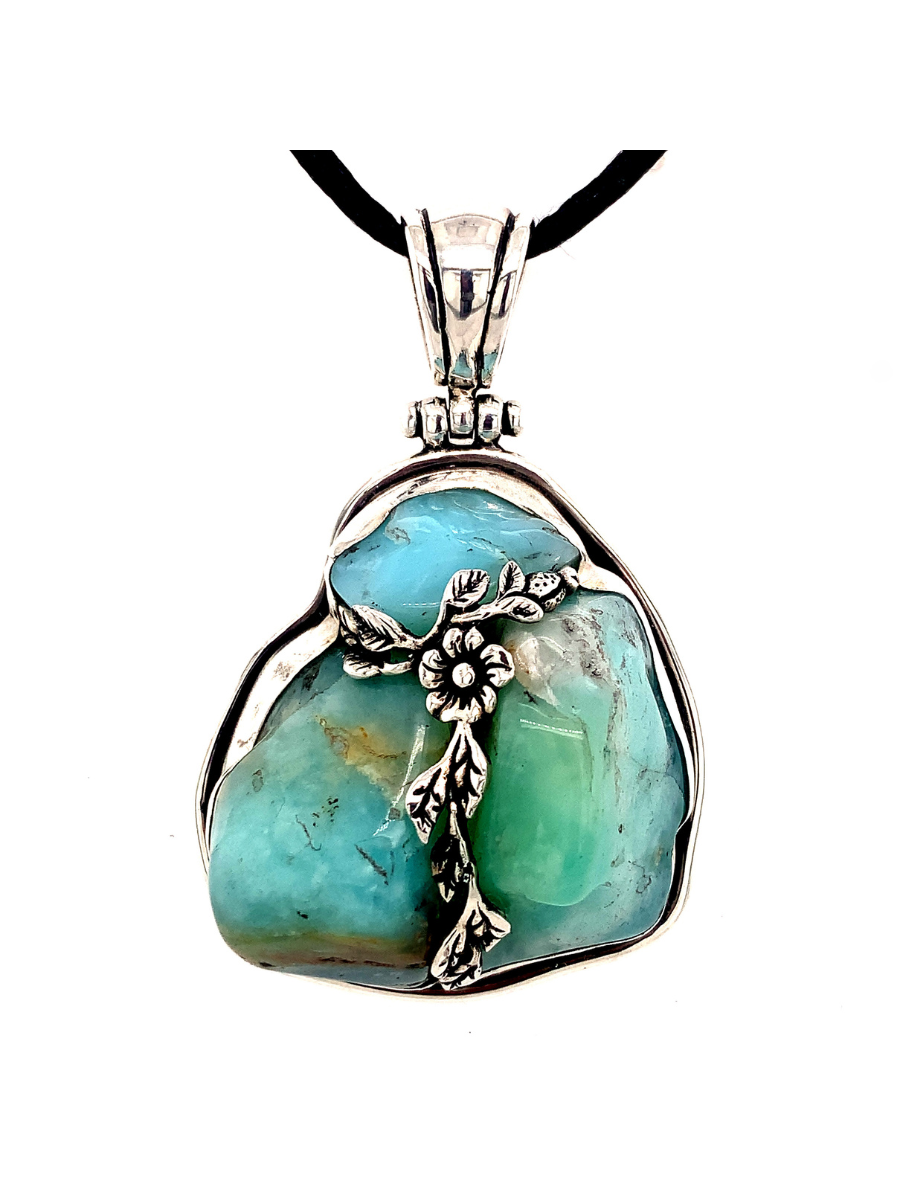 Sterling Silver &amp; Rough Andean Opal Pendant with delicate Flowers - QINTI The Peruvian Shop