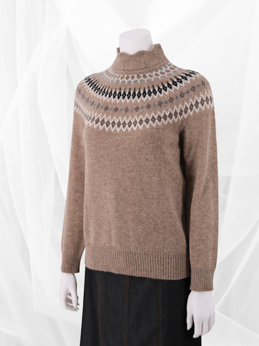 Baby Alpaca Andes Pattern High Neck Sweater - Sand - Qinti - The