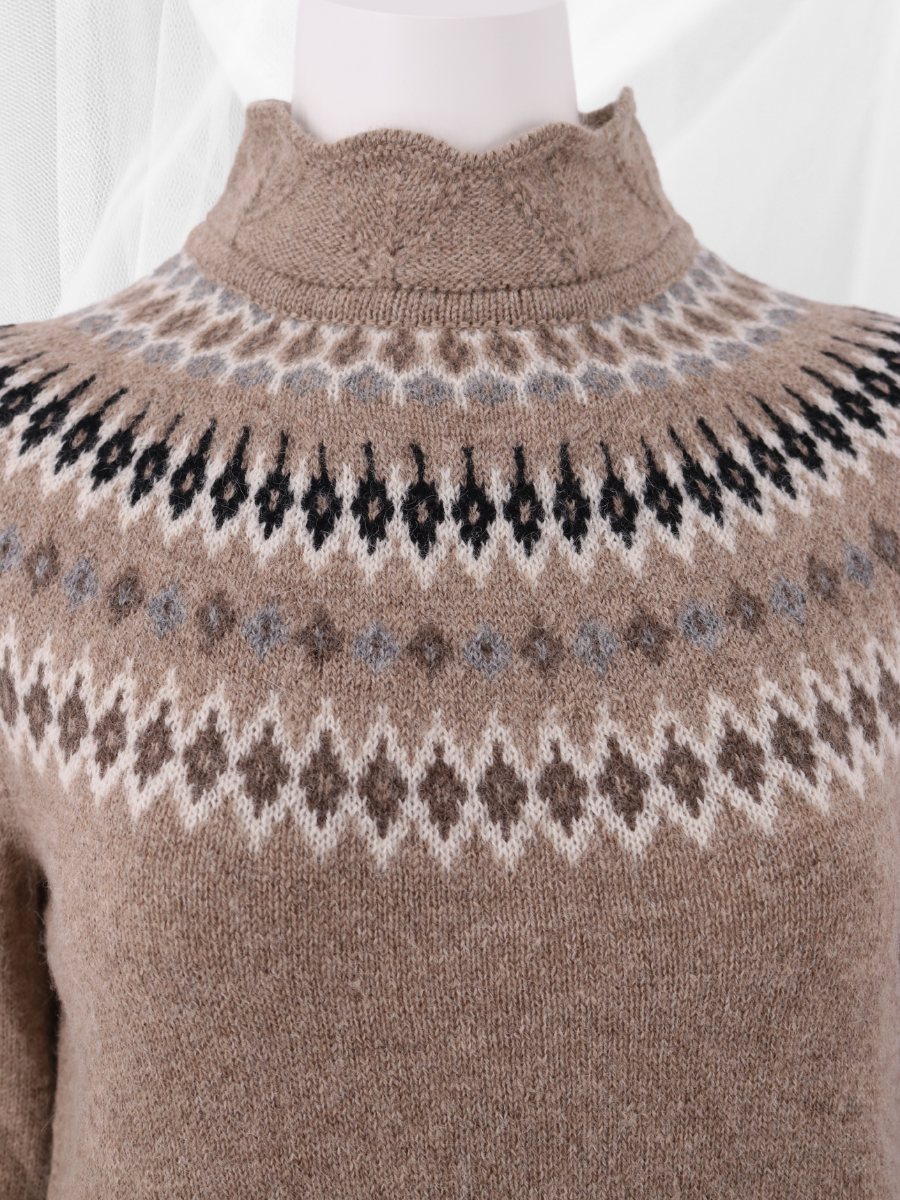 Baby Alpaca Andes Pattern High Neck Sweater - Sand - Qinti Baby Alpaca Andes Pattern High Neck Sweater - Sand - Qinti