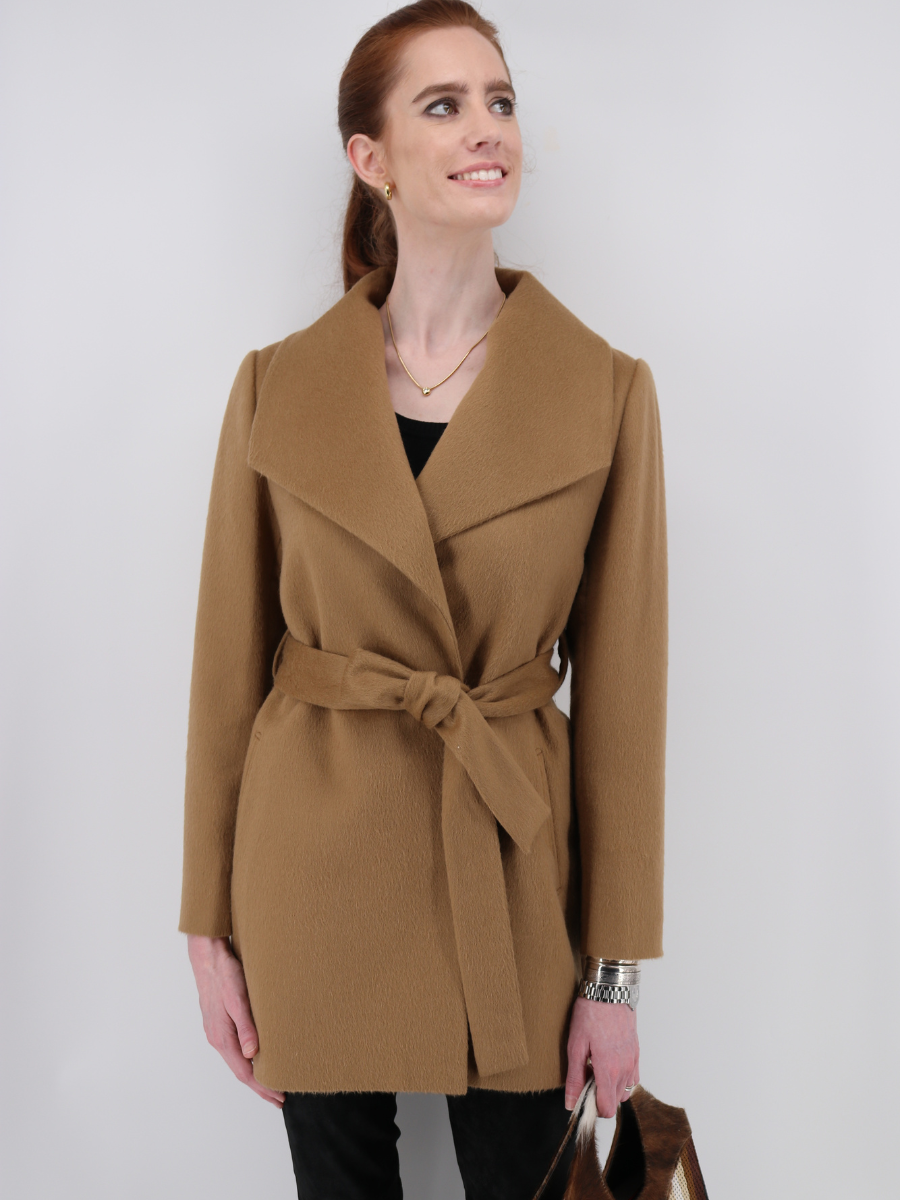 Women's Wide Collar Wrap Coat - Mid-Length - Camel - Qinti - The