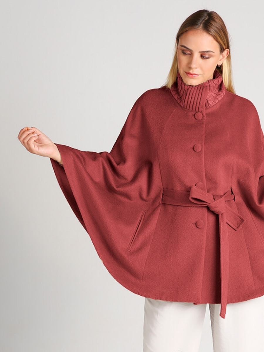 Baby Alpaca belted Cape with Rib knit collar at QintiPeru.com