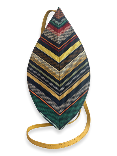 Hoja Navy Multi 01 Pima cotton crossbody handbag with colorful woven textile, smooth yellow leather strap and navy pebbled leather base, made in Peru.