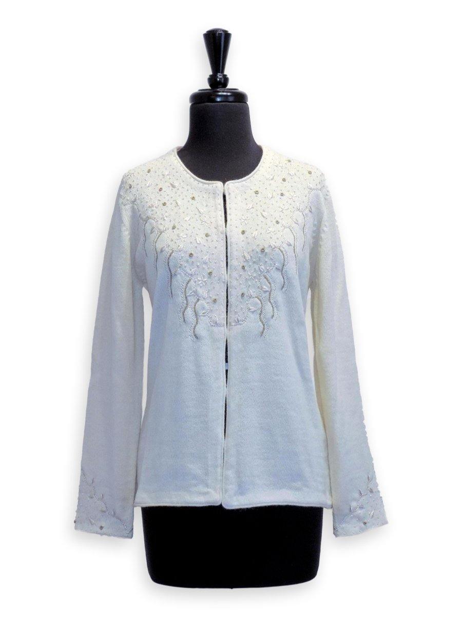 100% Baby Alpaca Cardigan with Silk Embroidery - Natural White - Qinti - The Peruvian Shop