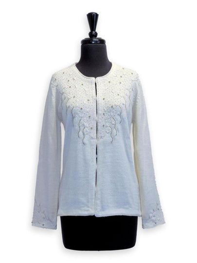 100% Baby Alpaca Cardigan with Silk Embroidery - Natural White - Qinti - The Peruvian Shop