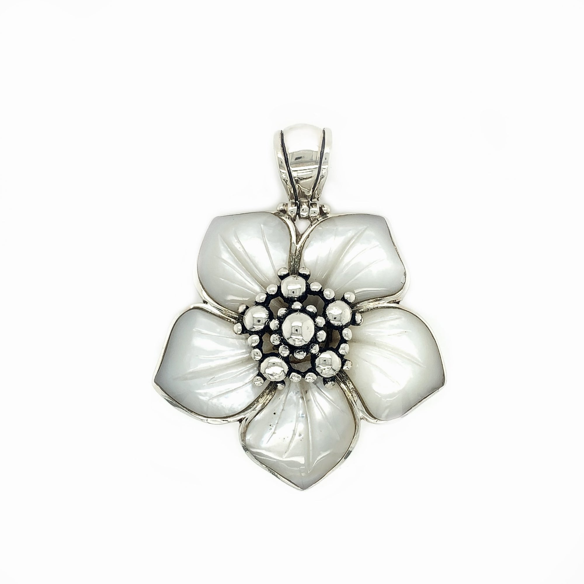Sterling Silver & Carved Mother-of-Pearl Flower Pendant - Qinti - The Peruvian Shop