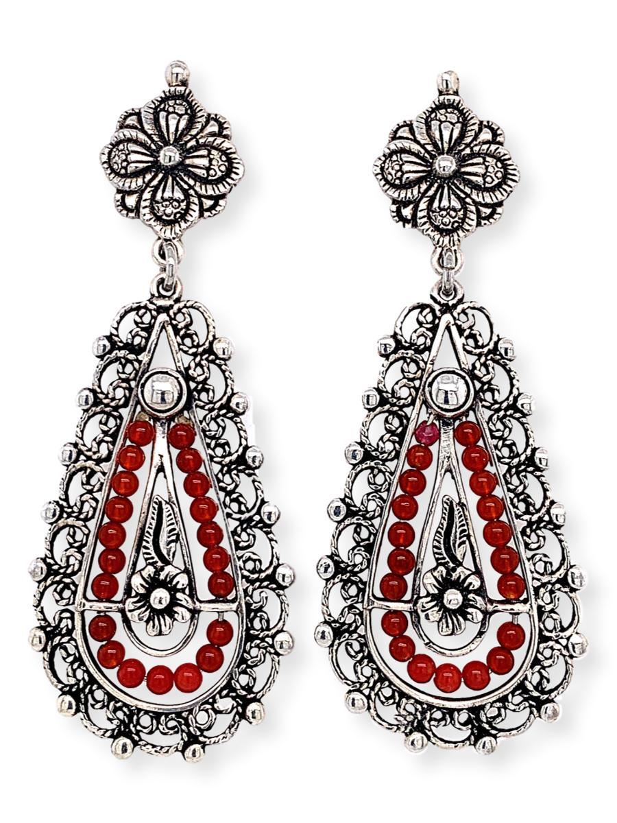Filigree Teardrop Earrings in Sterling Silver and Agate - Qinti - The Peruvian Shop