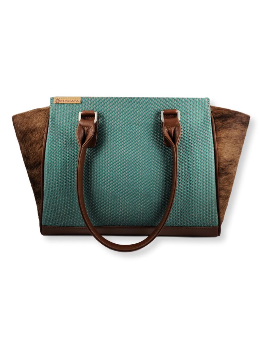 Amanda Handbag with Cowhide - Teal Hues - Qinti - The Peruvian Shop
