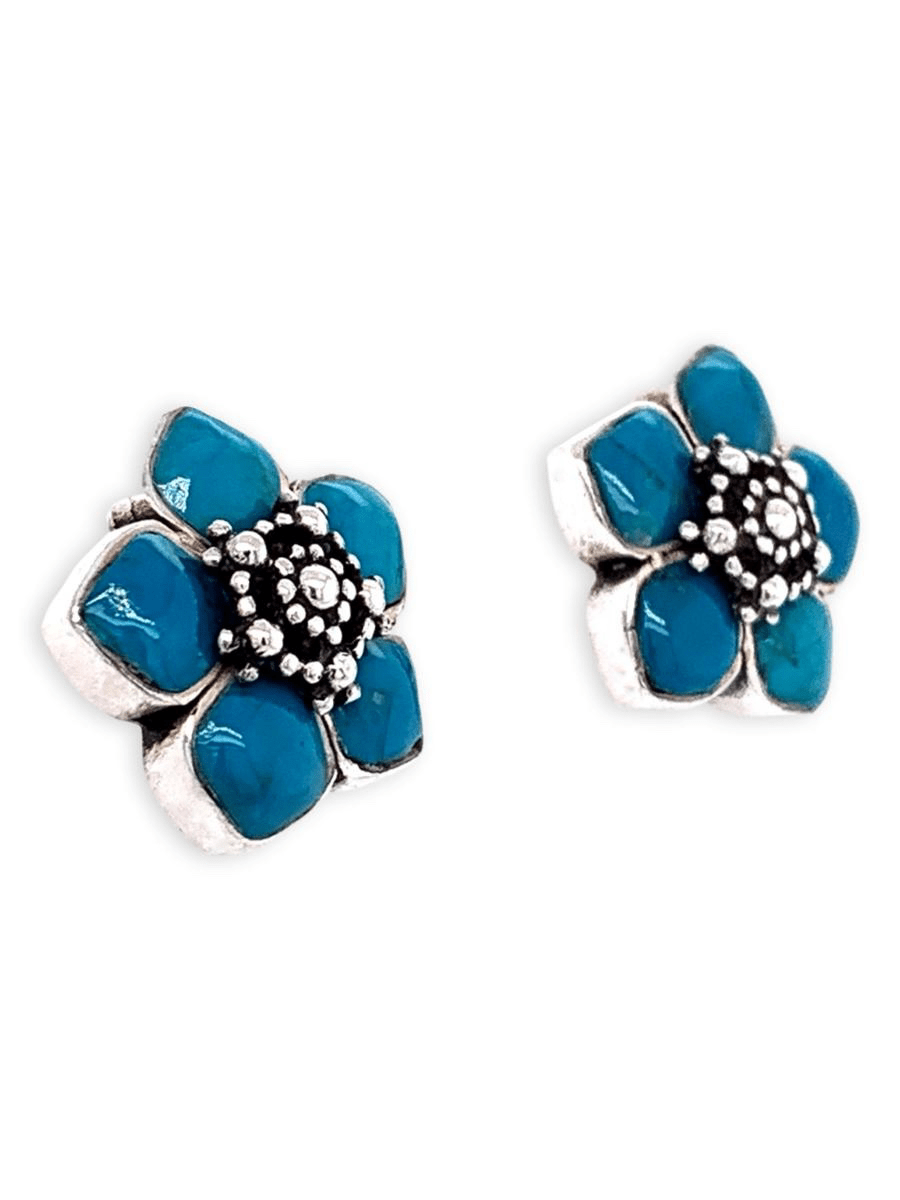 Sterling Silver and Chrysocolla Earrings - Carved Flowers - Qinti - The Peruvian Shop