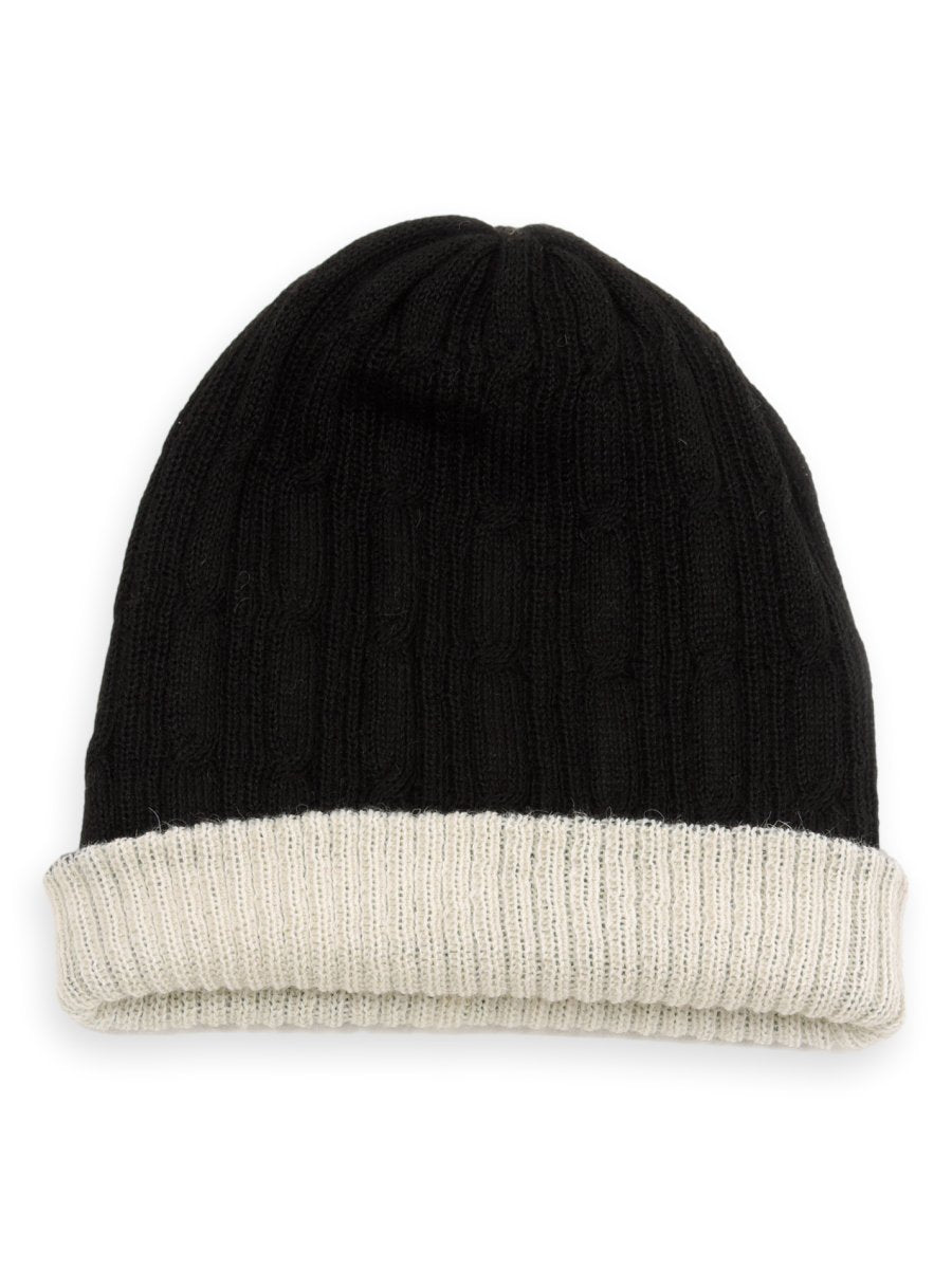 Reversible Baby Alpaca Beanie Hat - Black/ Cream - Qinti - The Peruvian Shop
