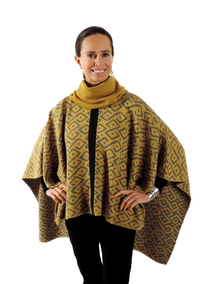 100% Baby Alpaca Reversible Knit Poncho Sweater - Yellow & Grey - Qinti - The Peruvian Shop