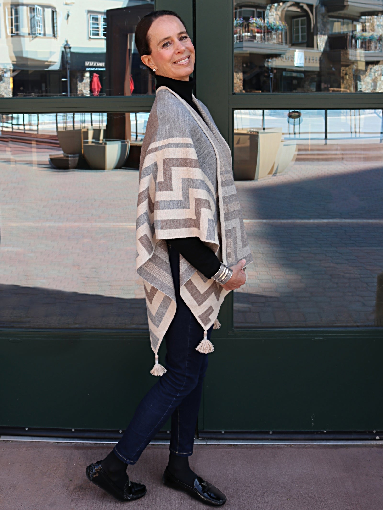 Baby Alpaca Knit 'Caminos' Ruana Poncho with Tassels - Taupe Grey - Qinti - The Peruvian Shop