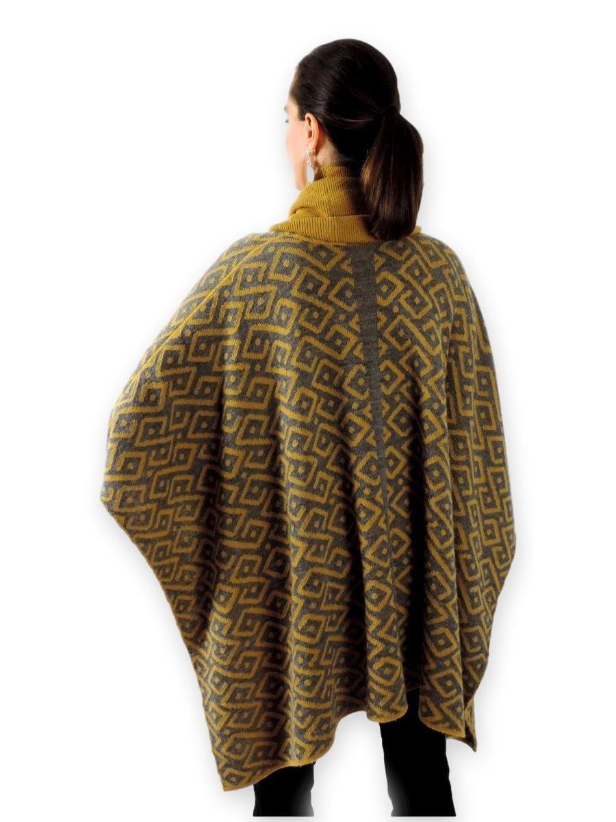 100% Baby Alpaca Reversible Knit Poncho Sweater - Yellow & Grey - Qinti - The Peruvian Shop