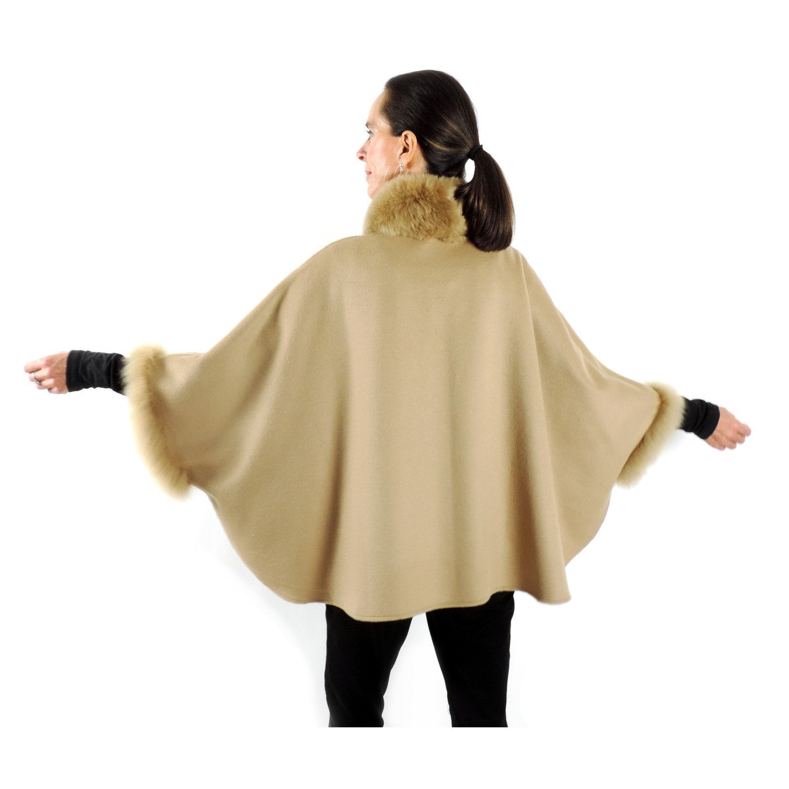 Baby Alpaca Short Cape with Fur Trim - Beige - Qinti - The 