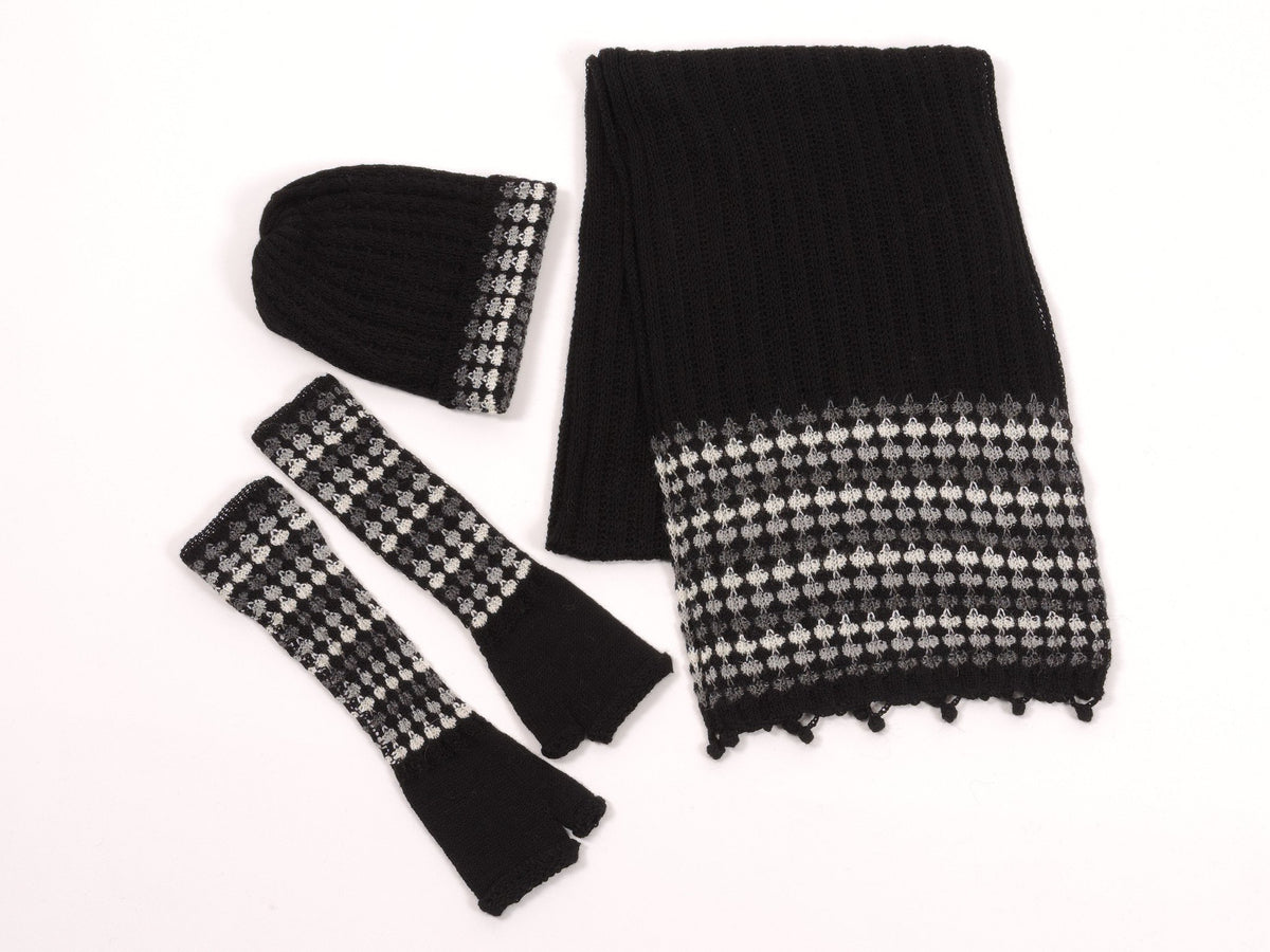 Baby Alpaca Knit Scarf Hat Gloves Set - Black, Grey &amp; White - Qinti - The Peruvian Shop