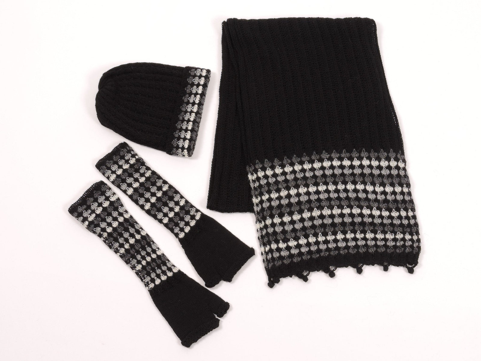 Baby Alpaca Knit Scarf Hat Gloves Set - Black, Grey & White - Qinti - The Peruvian Shop