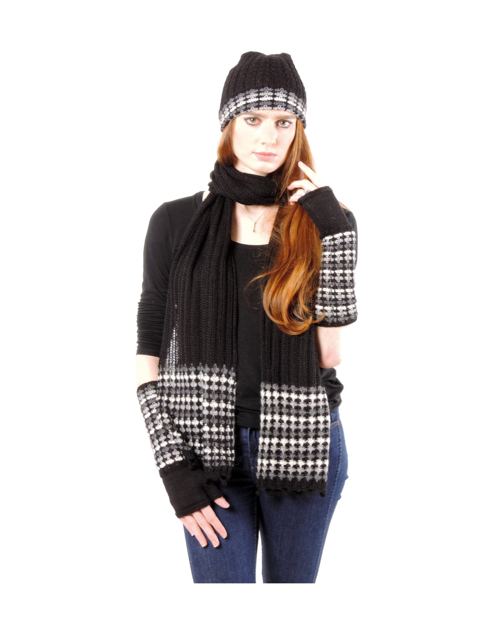 Baby Alpaca Knit Scarf Hat Gloves Set - Black, Grey & White - Qinti - The Peruvian Shop