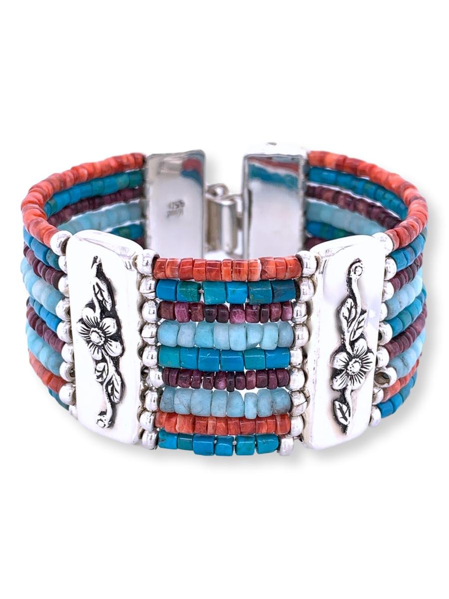Multi-stone stacked beaded Bracelet Cuff in Sterling Silver - Qinti - The Peruvian Shop