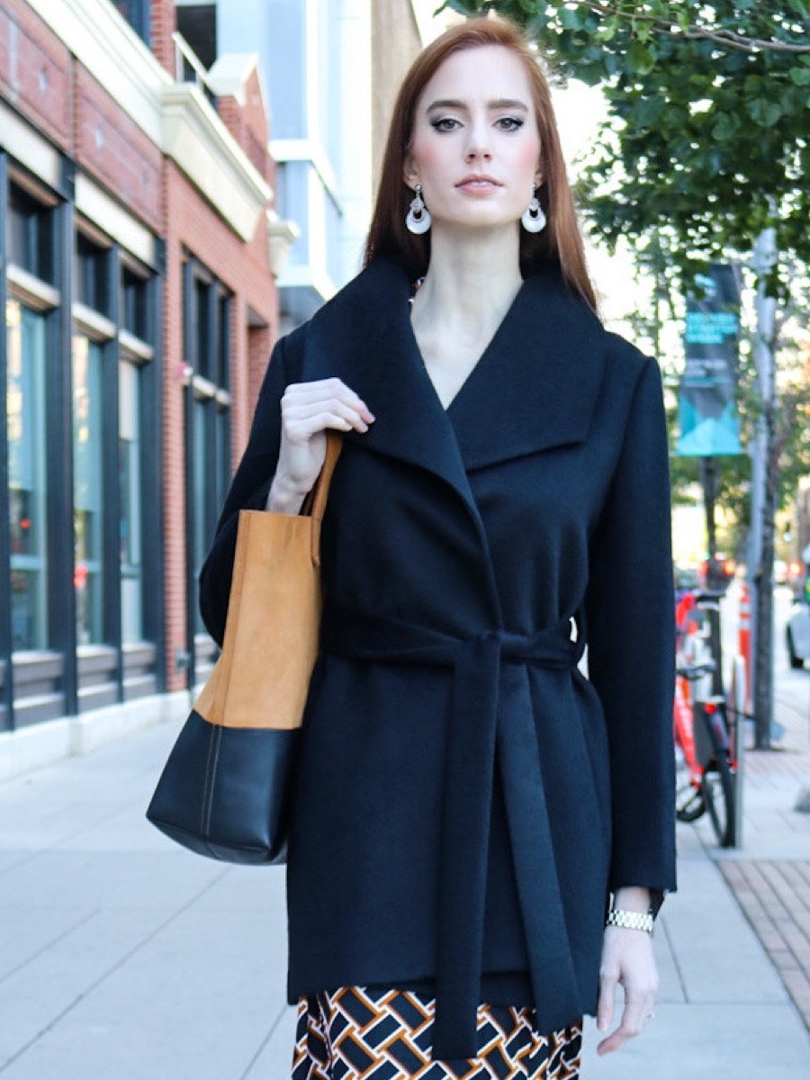 Women's Shawl Collar Wrap Coat - Short-Length - Black - Qinti