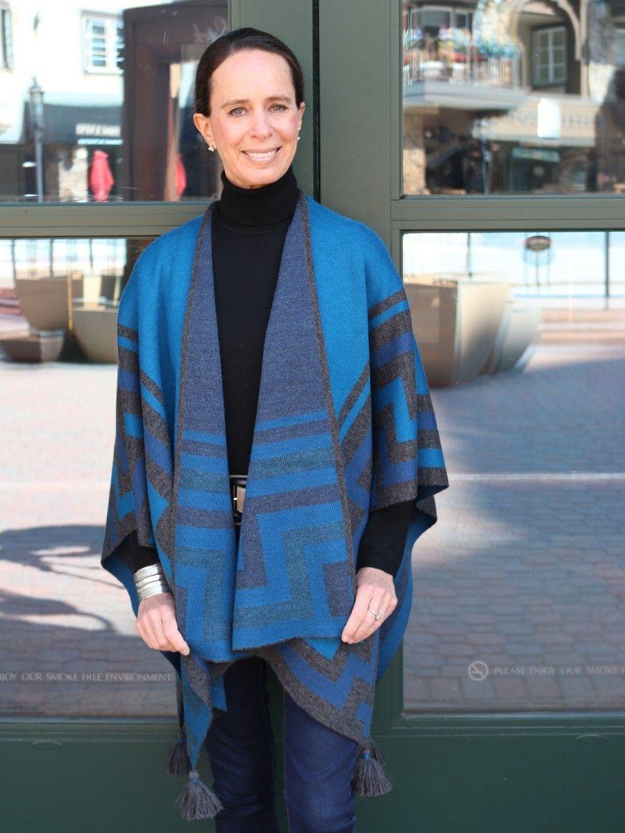 Baby Alpaca Knit 'Caminos' Ruana Poncho with Tassels - Blue Teal - Qinti - The Peruvian Shop