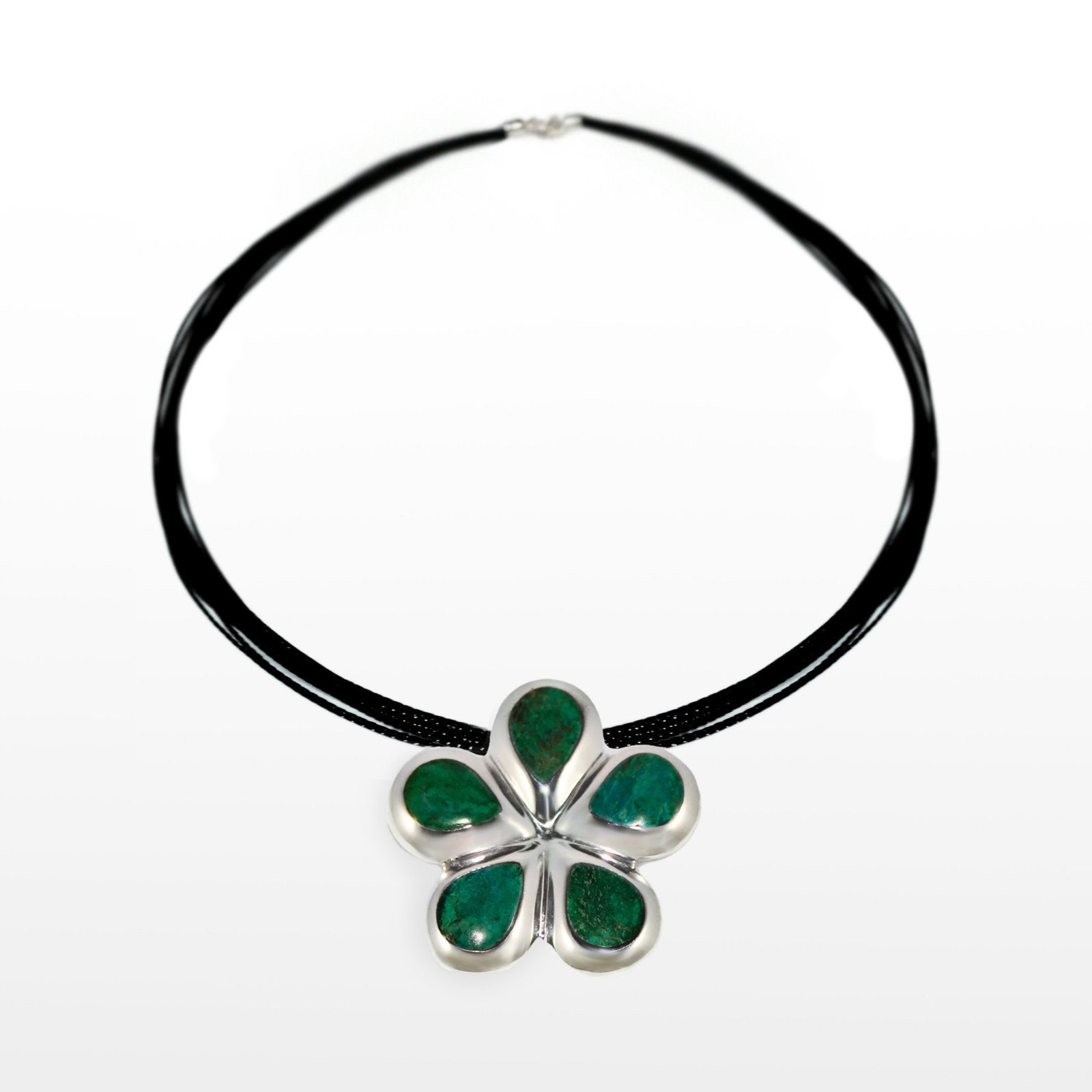 Chrysocolla Sterling Silver Flower Pendant Necklace & Earrings Set - Qinti - The Peruvian Shop