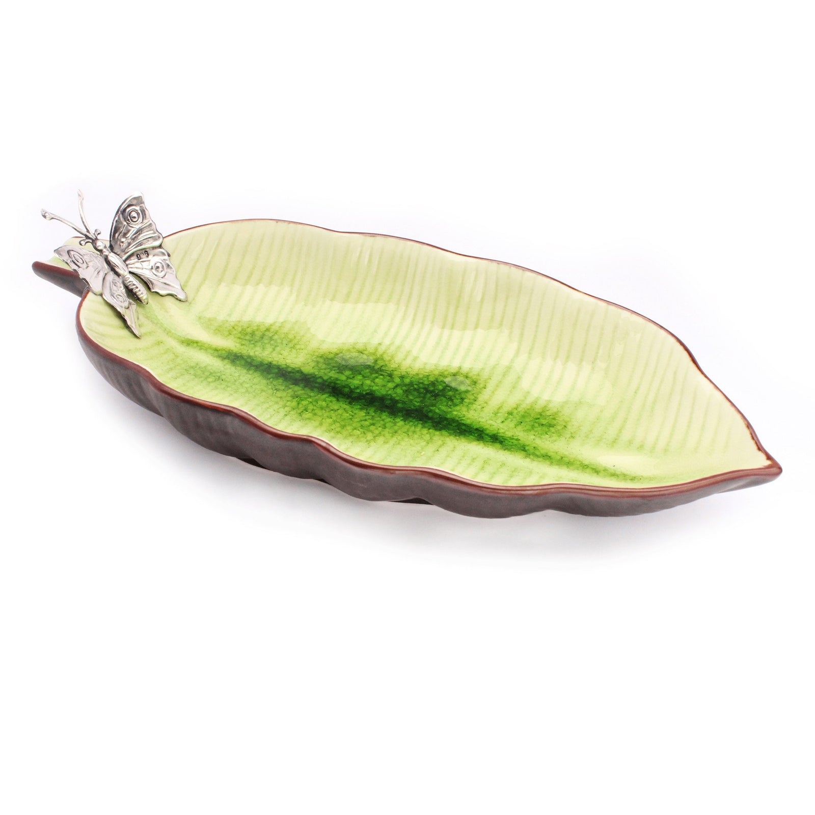 Leaf Shaped Ceramic Dish w/ Sterling Silver Butterfly - Qinti - The Peruvian Shop