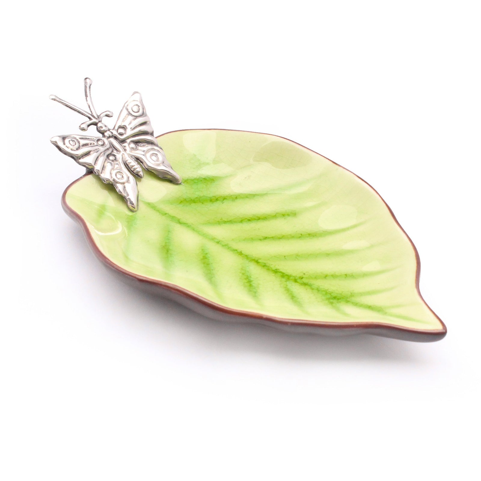 Leaf Shaped Ceramic Dish w/ Sterling Silver Butterfly - Qinti - The Peruvian Shop
