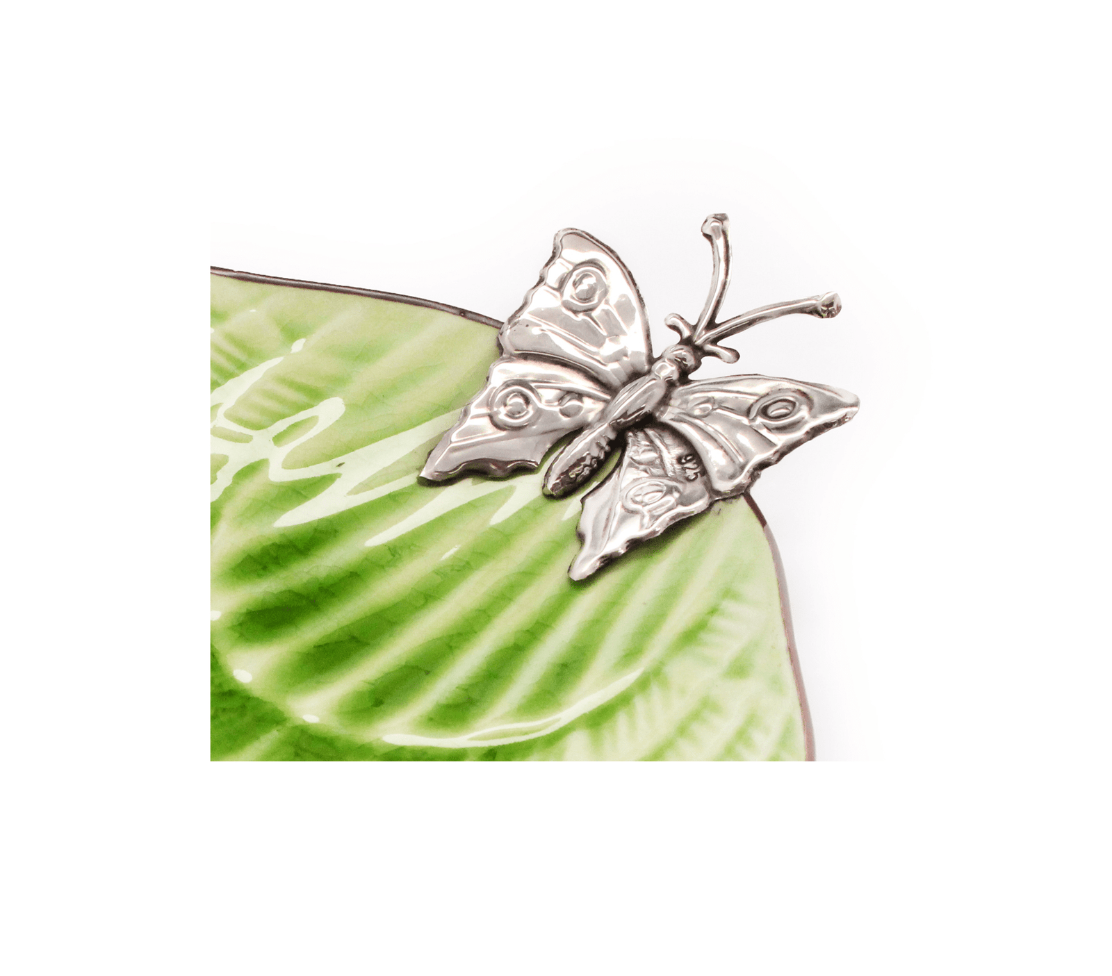 Leaf Shaped Ceramic Dish w/ Sterling Silver Butterfly - Qinti - The Peruvian Shop