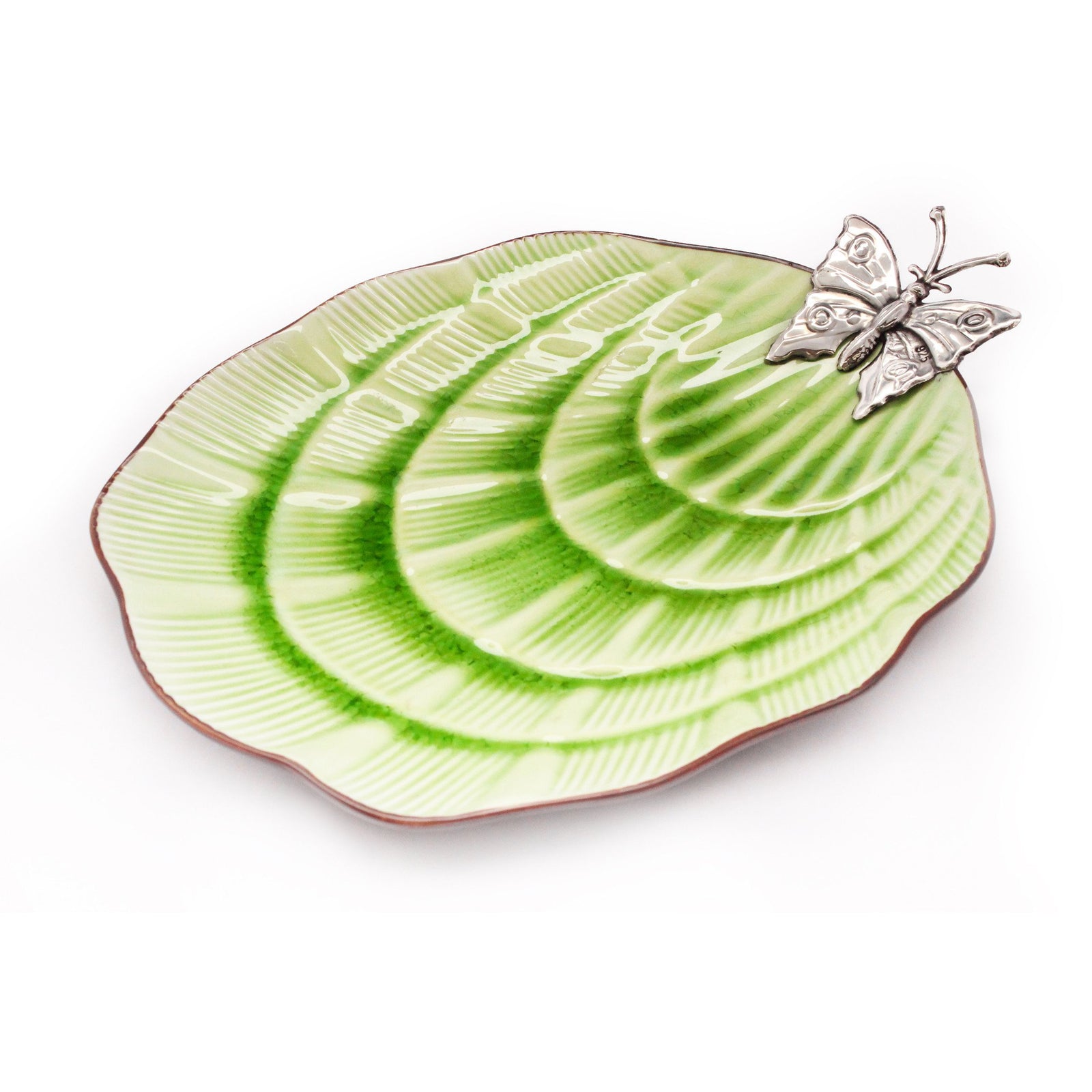 Leaf Shaped Ceramic Dish w/ Sterling Silver Butterfly - Qinti - The Peruvian Shop