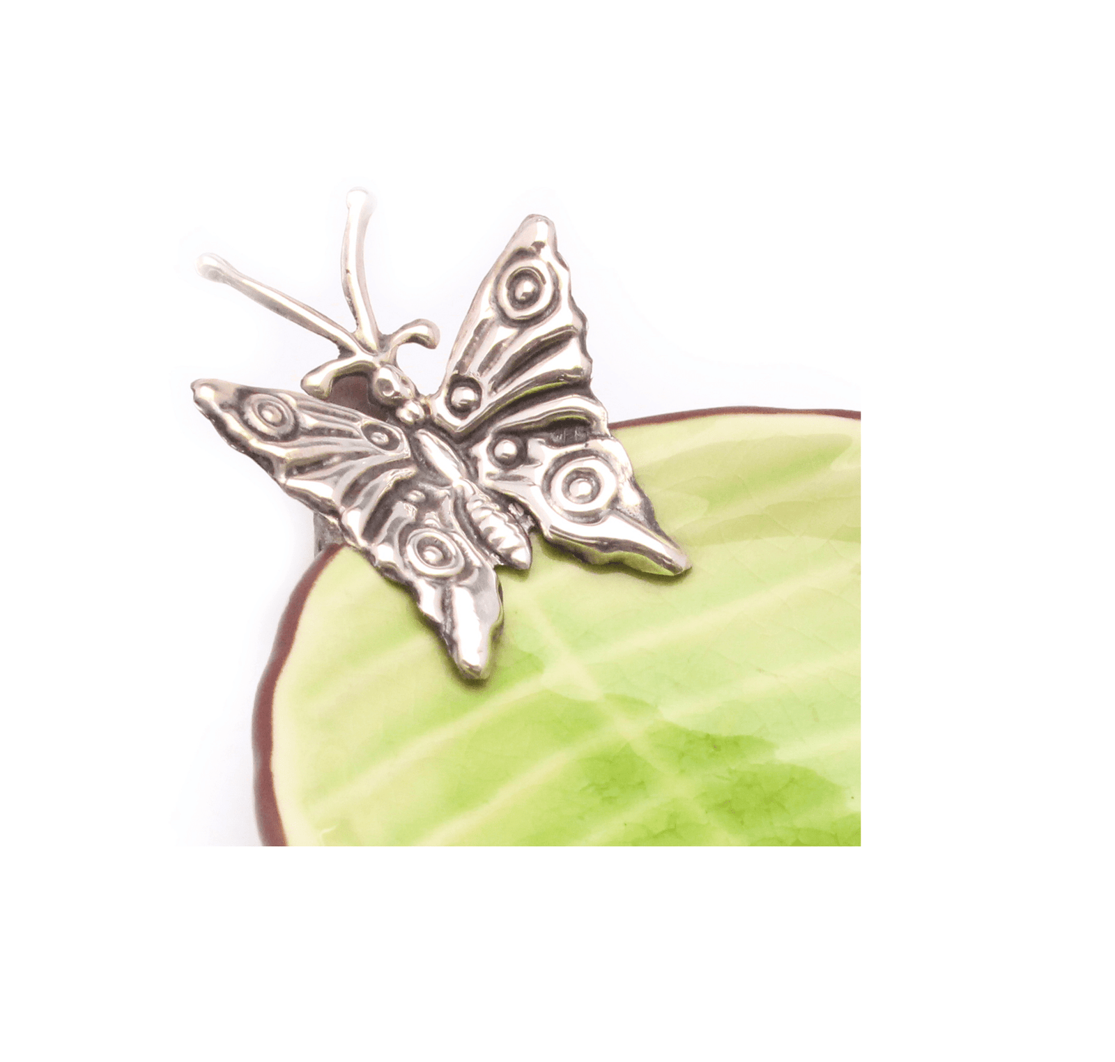 Leaf Shaped Ceramic Dish w/ Sterling Silver Butterfly - Qinti - The Peruvian Shop