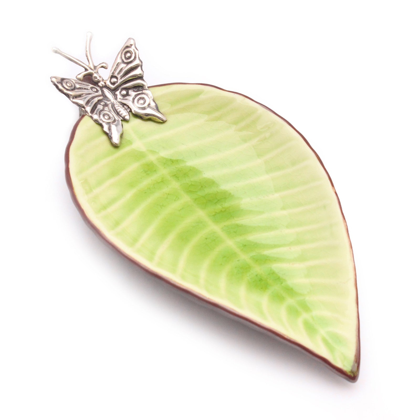 Leaf Shaped Ceramic Dish w/ Sterling Silver Butterfly - Qinti - The Peruvian Shop